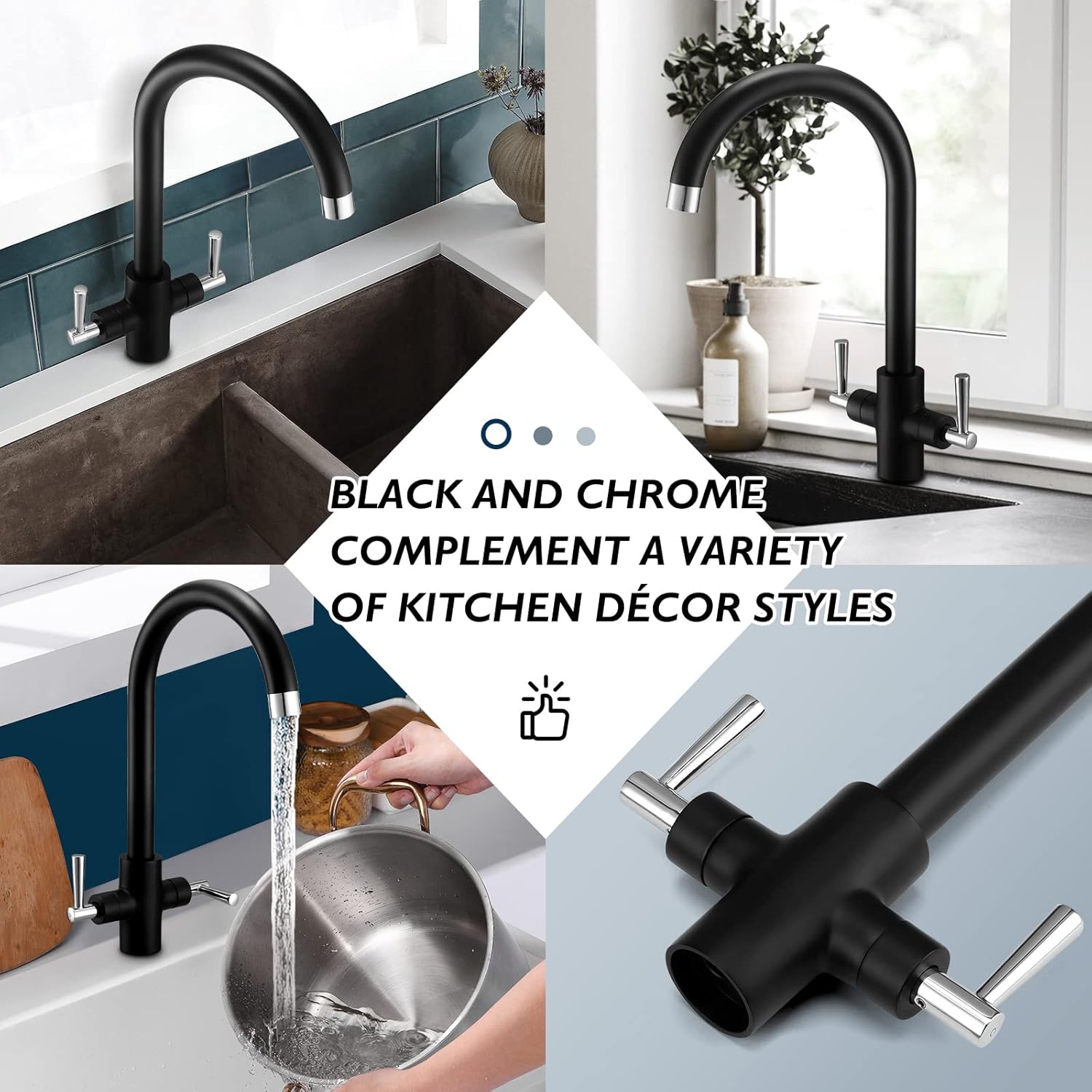 Peppermint Black Kitchen Taps Mixer with Chrome Dual Lever Modern ...